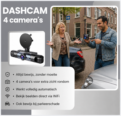 Dashcam met 4 Camera's | WiFi & Parkeerbewaking
